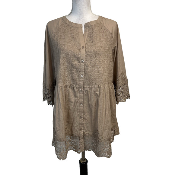 Alessa W. Collection Blouse Tunic Women's sz 10 Khaki Smocked Lace Peasant Boho - Picture 1 of 9